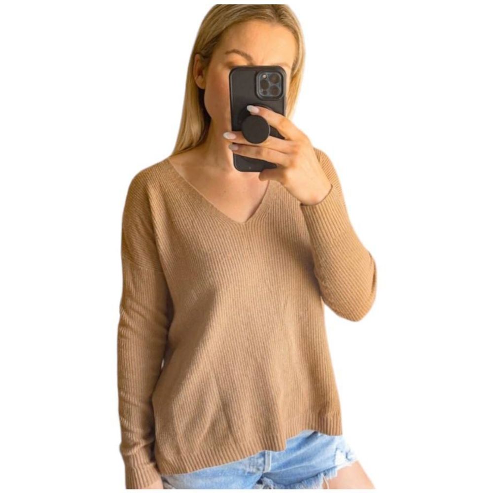 Madewell Tan Ribbed V Neck Merino Wool Blend Sweater Size Small